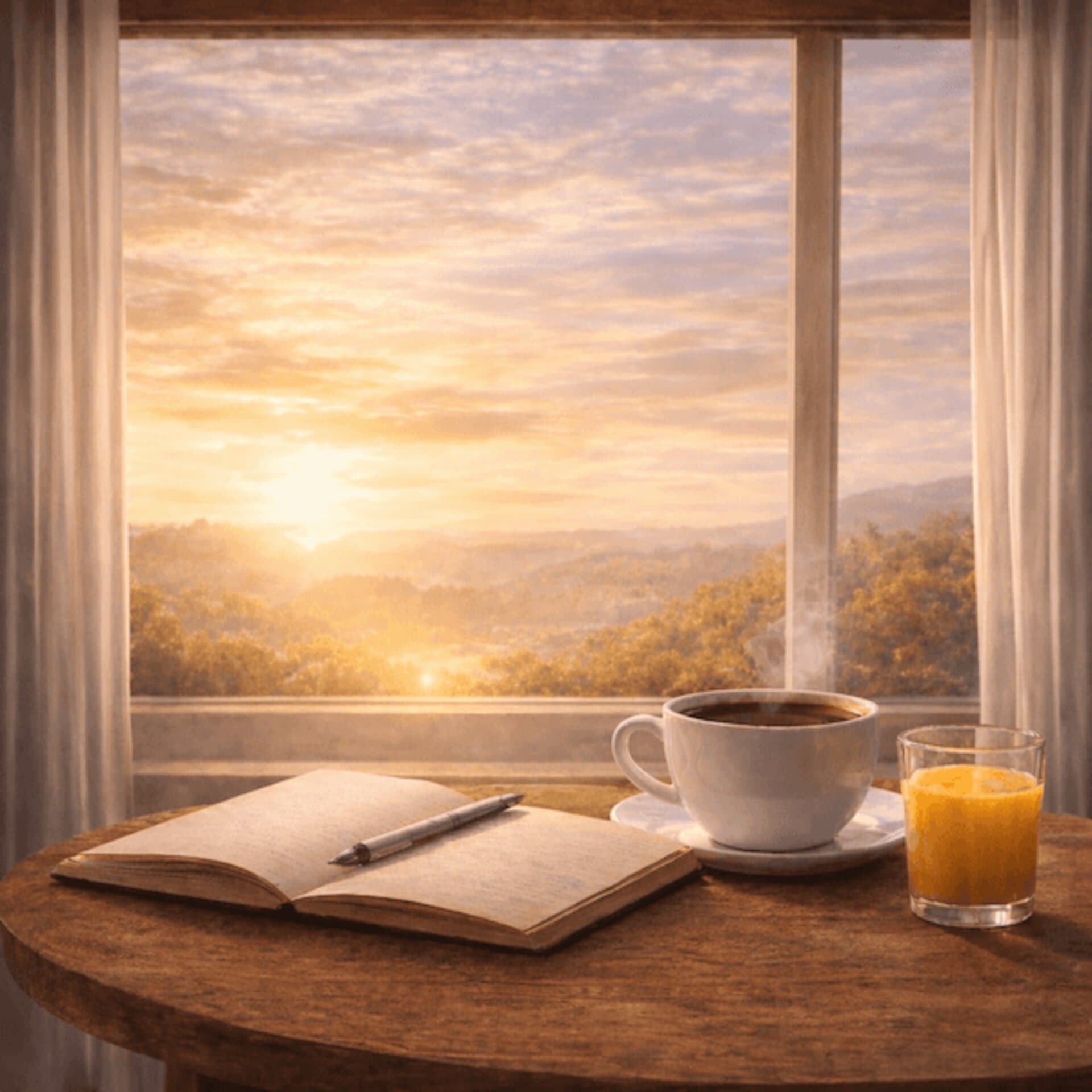 Sunrise through a window with coffee and orange juice on the table